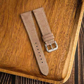 Suede leather watch strap worn on wrist